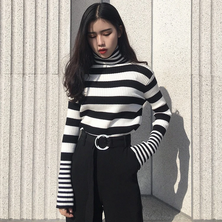 black and white striped turtleneck outfit