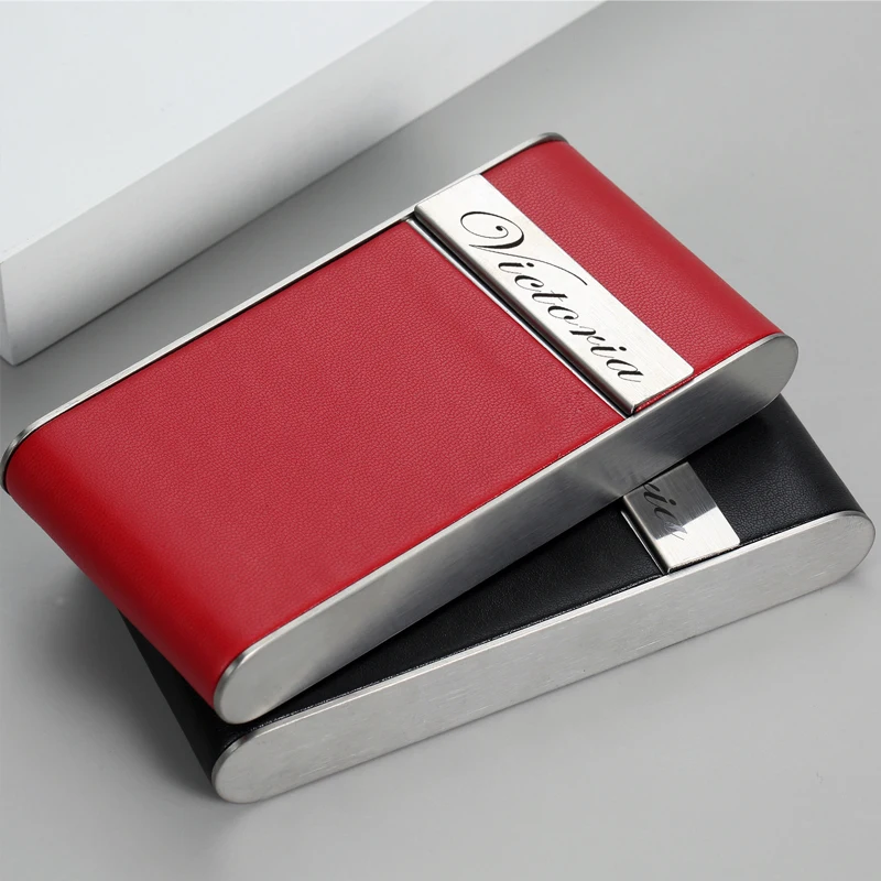 Elegant Red and Black Slim Cigarette Case - Stainless Steel with PU Leather Finish, Personalized Logo Option, Stylish Smoking Accessory