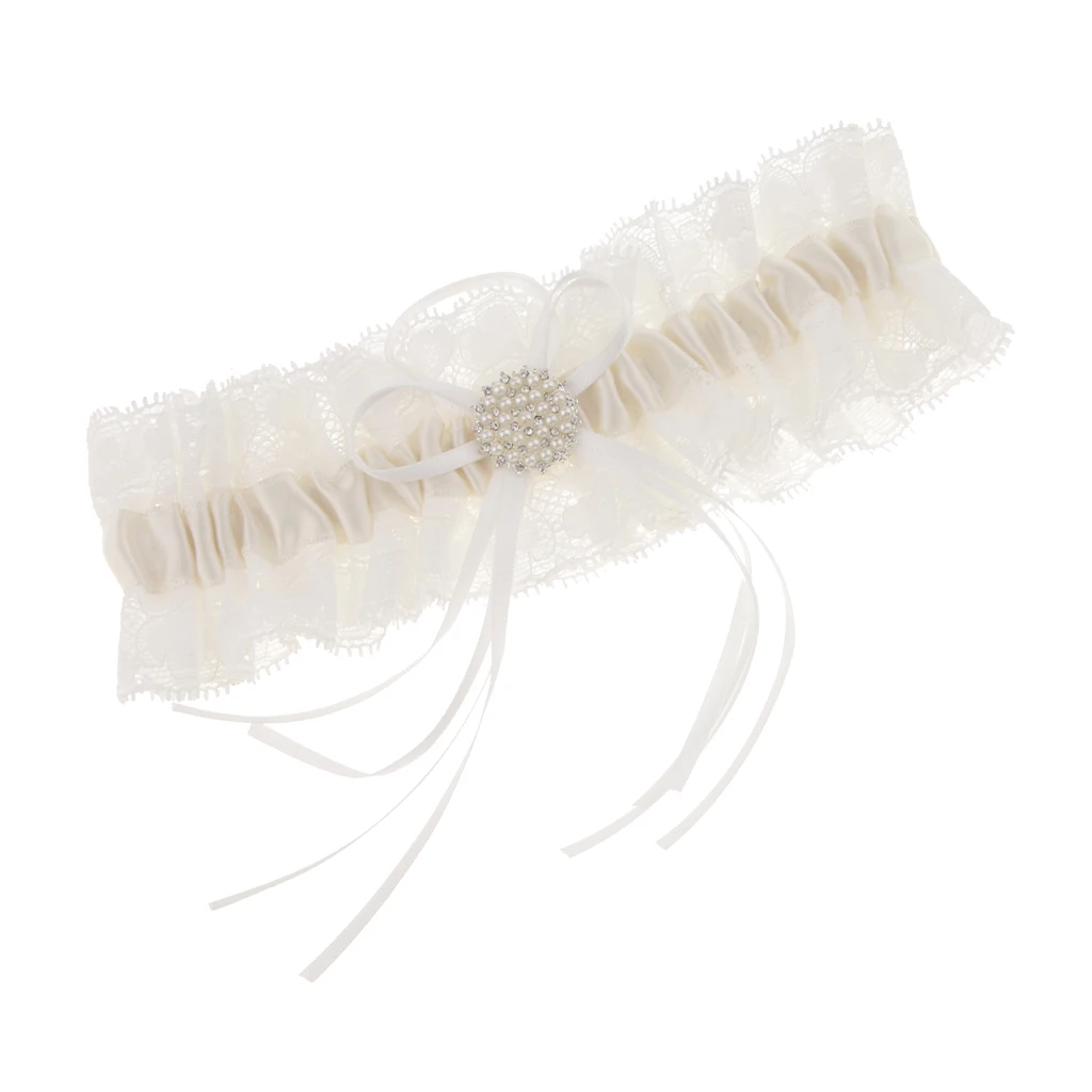 White Lace Bridal Garter with Pearls Bowknot Wedding Bridal Costume Fancy Dress