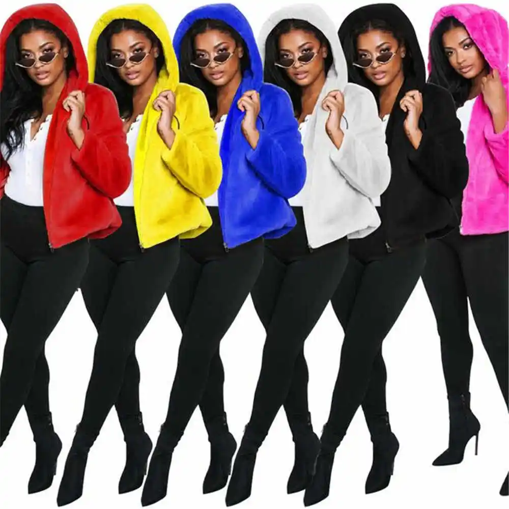 

Autumn Winter Women Faux Fur Coat Fashion Hooded Zipper Warm Casual Outerwear Female Fur Fluffy Jacket NEW 2019