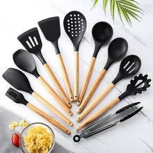 Non-stick Natural Wood Handle Kitchenware Set Silicone Healthy Heat Resistant Cooking Dining Gadget Sets MC