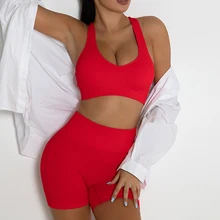 Conjunto sem costura feminino para ioga, roupas esportivas de ginástica e exercícios com cintura alta e bermuda para treino