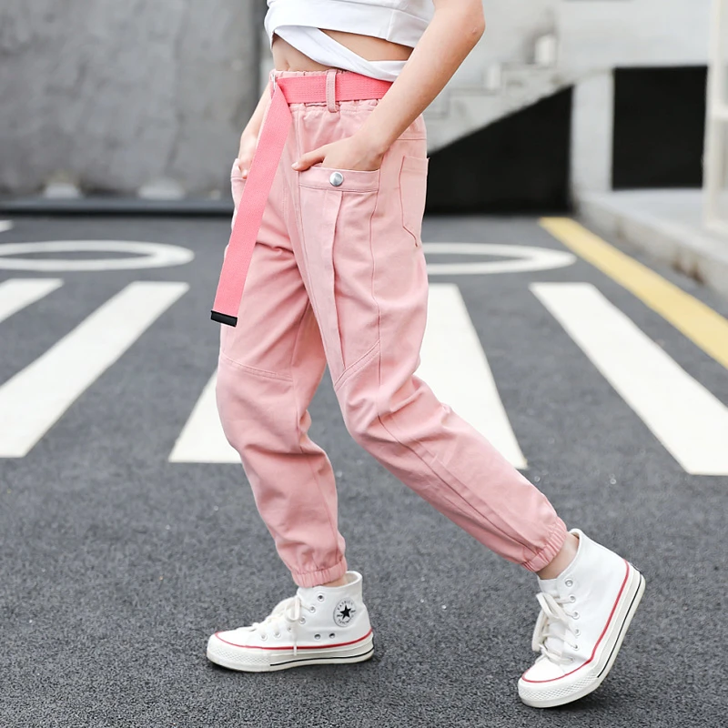 Pantalones Cargo de algodón la moda para niñas, pantalón informal cinturón y botones, con bolsillos unidos, para 4, 6, 8, 11 y 12 años| - AliExpress