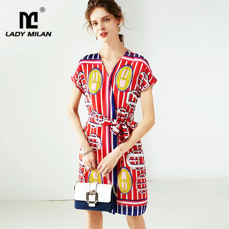 

100% Silk Women's Dresses Sexy V Neck Short Sleeves Short Sleeves Printed Striped Sash Belt High Street Short Dresses