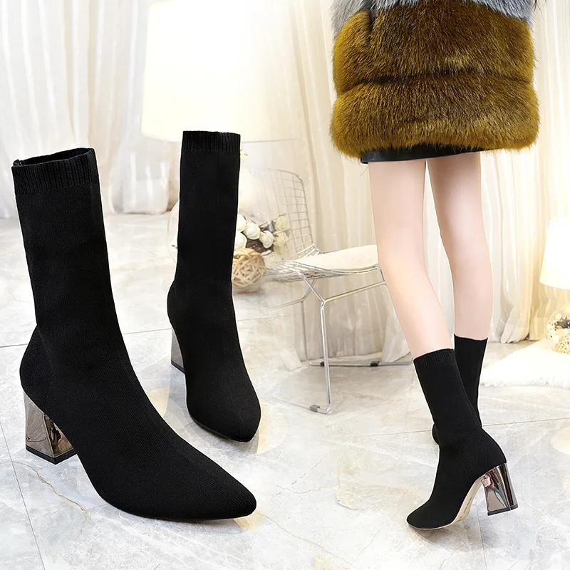 

LTARTA Boots Slim Legs Black Knitted Tip Martin Boots Heels High Heels and Shoe Girls Winter Shoes Women Womens Boots FTX-AWZK
