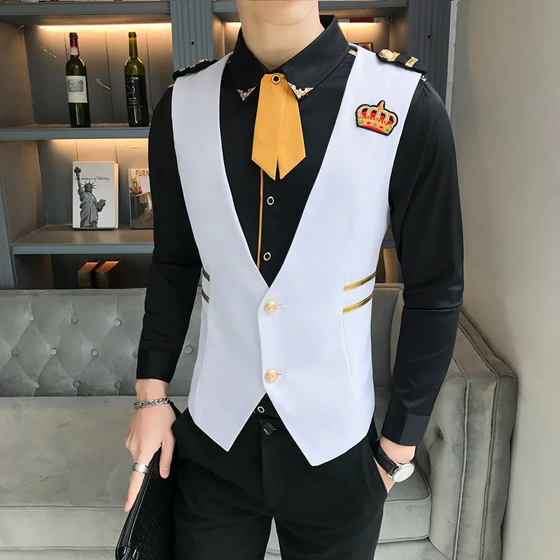 Deep V-neck Solid Color Men's Vest Fashion Brand Mens Small Crown Embroidery Slim Vest Nightclub Hair Stylist Tooling Vest New