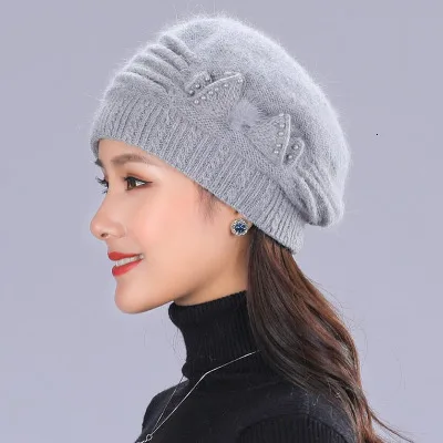 Mother's Nnew Year Gift Rabbit Knit Cap Scarf The Elderly Women's Autumn And Winter Warm Hat Scarf Female Winter Hat Twinset - Цвет: gray Hat