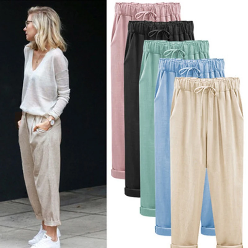 Pantalones bombachos de algodón y lino para mujer, pantalón informal, fino, holgado, estilo europeo y americano, primavera y verano, 2021