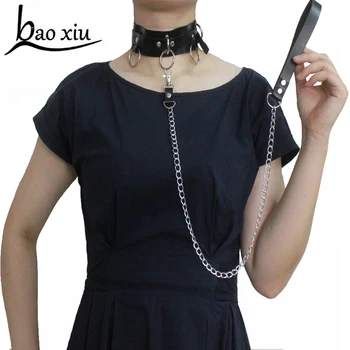 

Black leather Goth choker necklace for women Punk nightclub party jewelry Rivet collar neck statement Female Chain necklace
