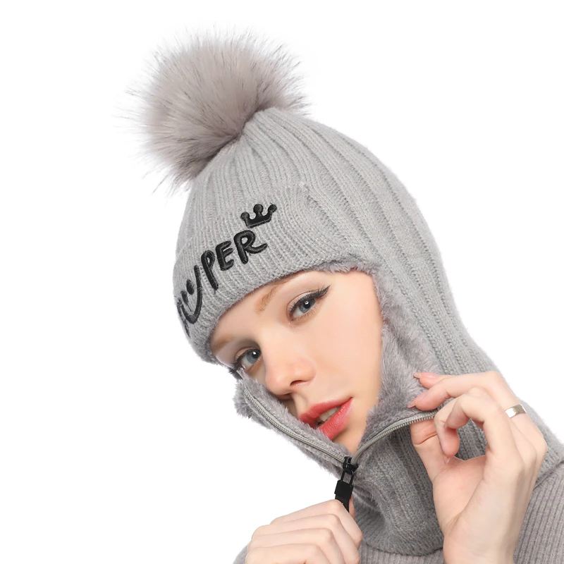 Теплая вязаная шапка, шарф, шапка, маска, зимние шапки для женщин Skullies Beanies, Теплая Флисовая шапка