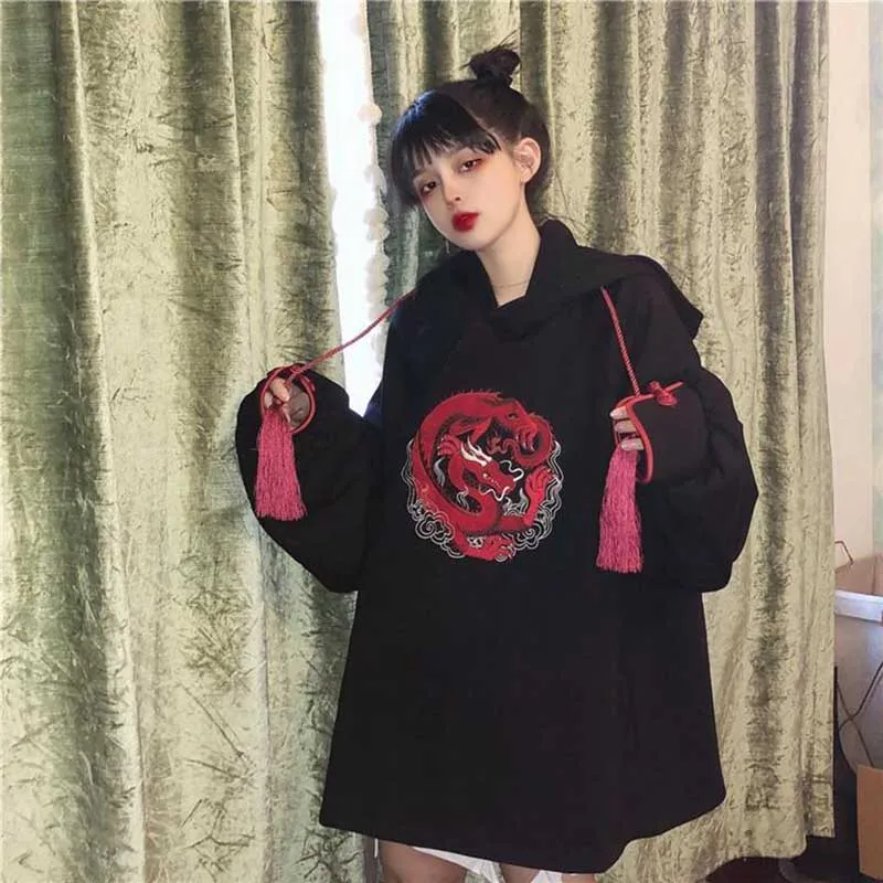 black-thick NiceMix Harajuku Винтаж Дракон Вышивка толстовки свободные теплый флис осень зима толстовка с капюшоном для женщин мужчин пуловеры - Цвет: black-thick