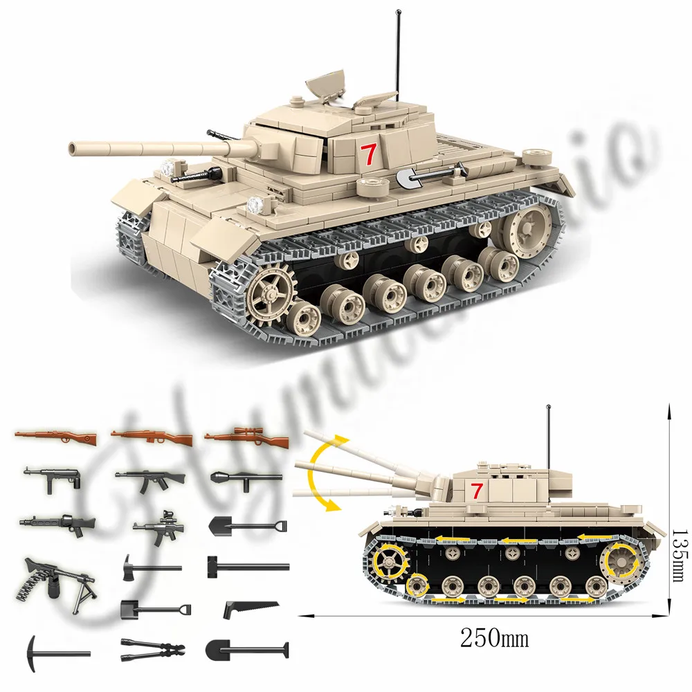 Мировая война 2 WW2 солдаты панзеркампфваген III Танк бронированный автомобиль военный спецназ армия строительные блоки Фигурки игрушки подарки - Цвет: Светло-желтый