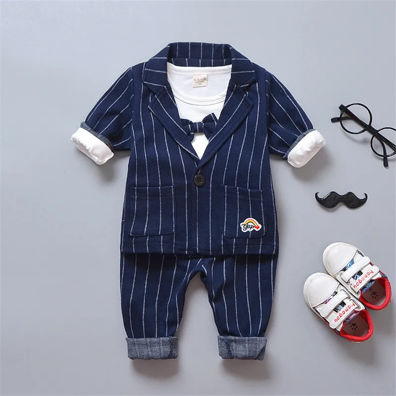 New Fashion Stripe Kid Children Suit Baby Boy Clothes Boys Clothing Coat+pant+T-shirt 3pcs Clothing Sets Baby Boy Clothing - Цвет: Blue