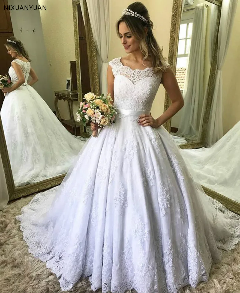 Vestido De Novia Vintage Lace Applique Bow Wedding Dress Court Train Button Cover Back Short Sleeve Crew Neck Vestidos Novia