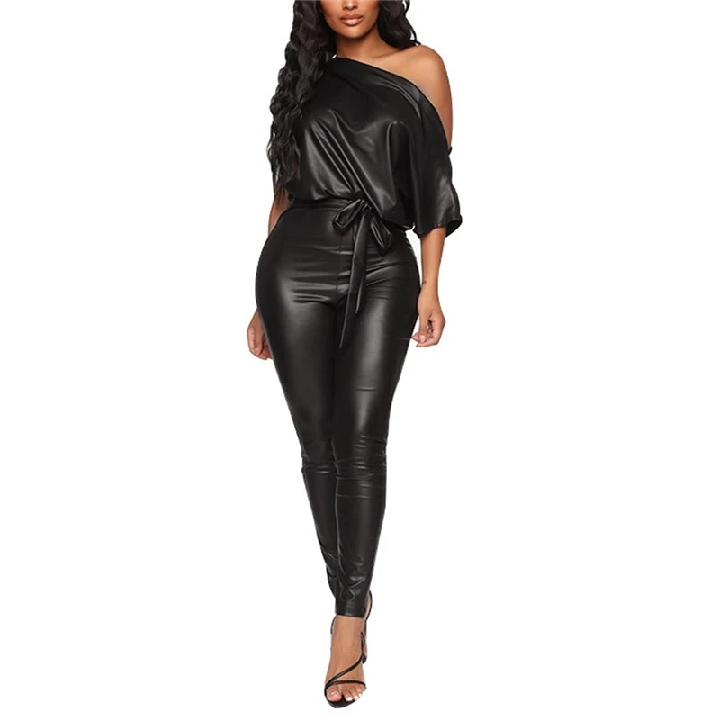 

Sexy Jumpsuit Women Slim PU Leather Rompers Ladies Clubwar Rompers Womens Jumpsuit Autumn Skinny Playsuit Mujer Body Suit
