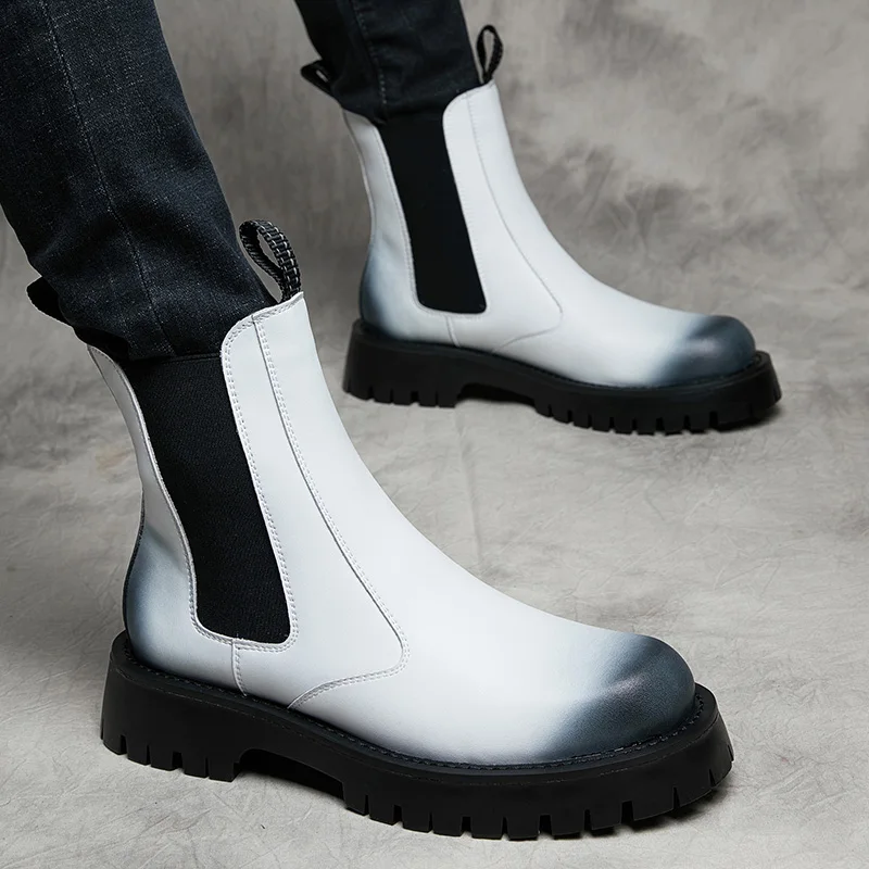 

brand designer mens fashion stage nightclub wear chelsea boots black white shoes cowboy platform boot genuine leather botas mans