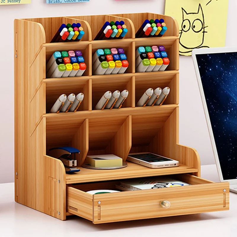  Wood Color Multi-Function Wood 13 Grids Desktop Stand Holder Cosmetic Brush Storage Box for Pencil 