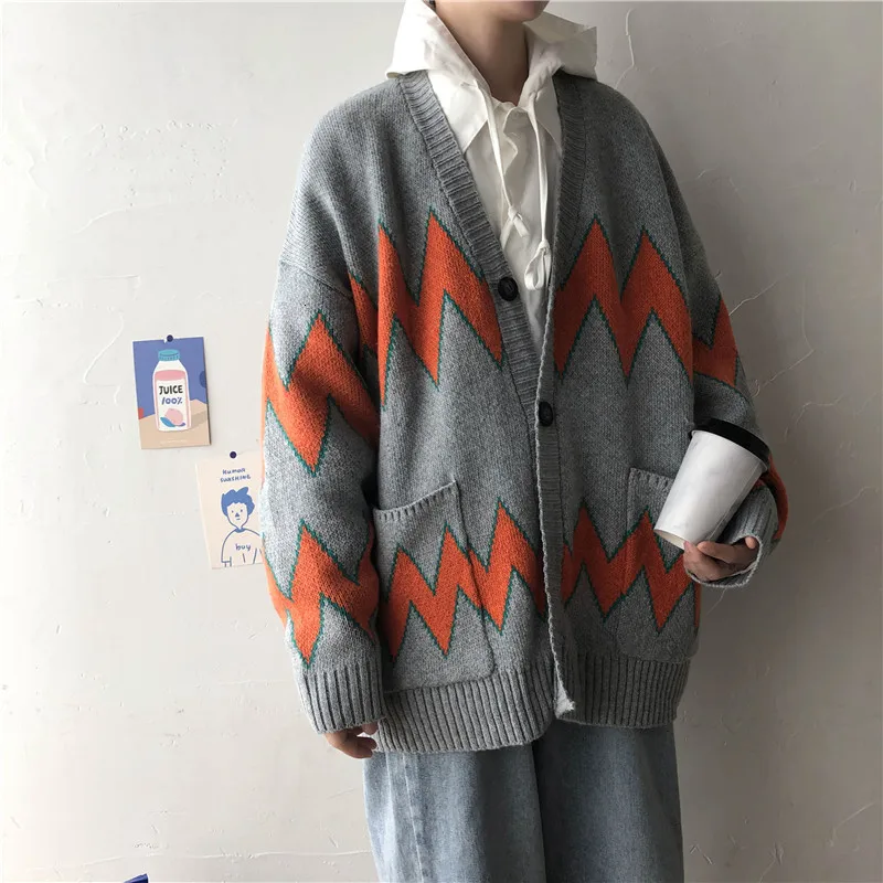 

2019 Winter Men's Loose Woolen Sweater Lattice Printing Knitting Grey Color Cardigan Tide High-quality Keep Warm Coat Size S-2XL