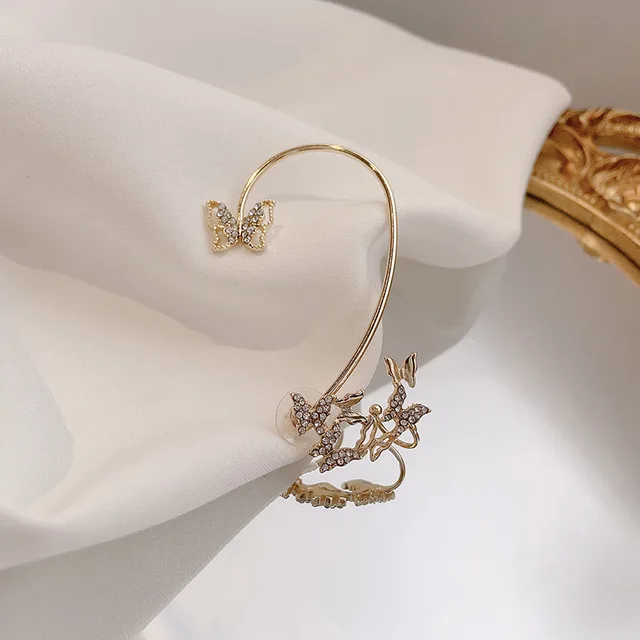 ZZYY Shining Zircon Butterfly Ear Cuff Earrings for Women Girls Fashion 1pc No Piercing Ear Clip Ear-hook Wedding Jewelry Luxury D left ear gold