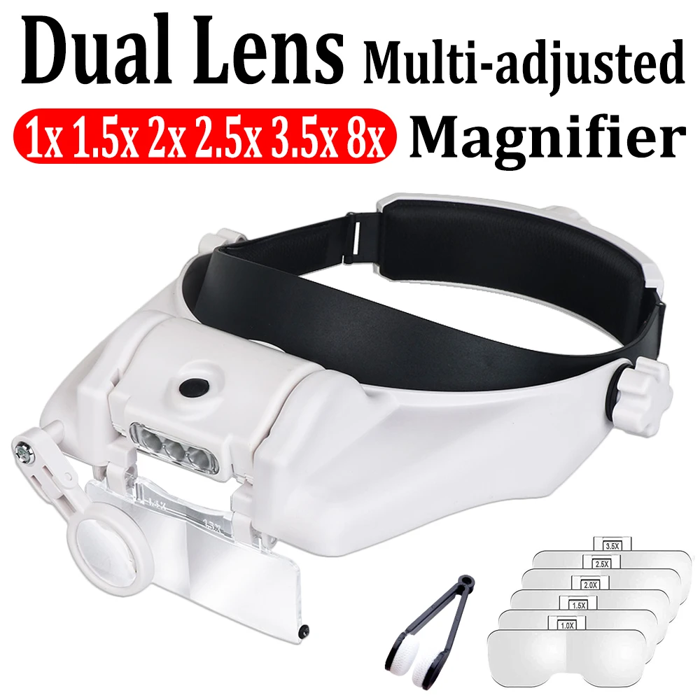 Head Mount Magnifier Glasses with 4 LED Light Wearable Magnifier 1X 1.5X  2.0 X 2.5X 3.5X Lluminated Magnifier for Reading Repair - AliExpress