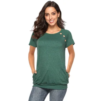 

2019 Spring and Autumn New Women Streetwear Round Neck Pocket Button Short Sleeve T-shirt