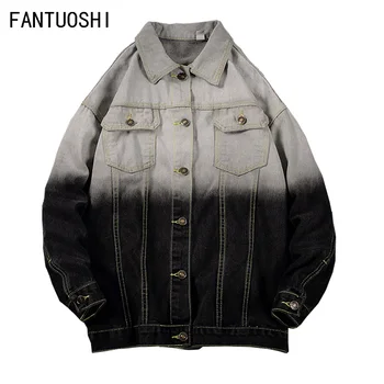 

Autumn new men's denim jacket single-breasted lapel men's jacket gradient color stitching jacket loose large size men's clothing