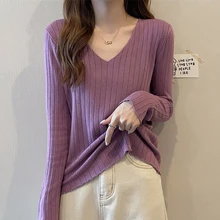 

Women's Knit Sweaters V Neck Slim Thin Autumn Pullover Female Long Sleeve Casual Solid Basic Ribbed Soft 2021 New Knitwear Femme