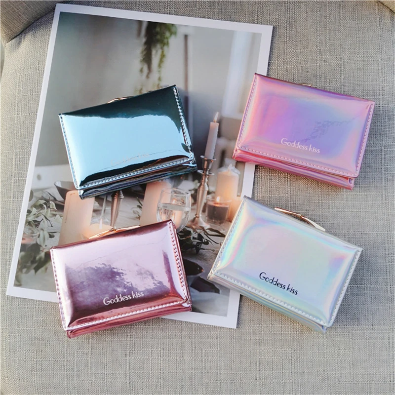 Women Short Small Coin Purse Wallet Ladies Leather Folding Card Holder Laser Colorful Purses 2021 Newest Hot | Багаж и сумки