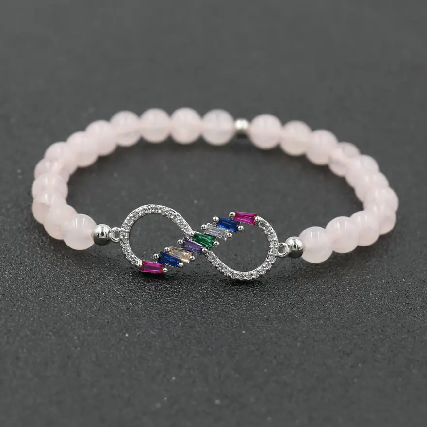 pink 8 Блестящий серебряный цвет Микро Циркон Кристалл 8 Бесконечность браслет для женщин натуральный камень Бусины Браслет Чакра Ювелирные изделия подарок - Окраска металла: pink 8
