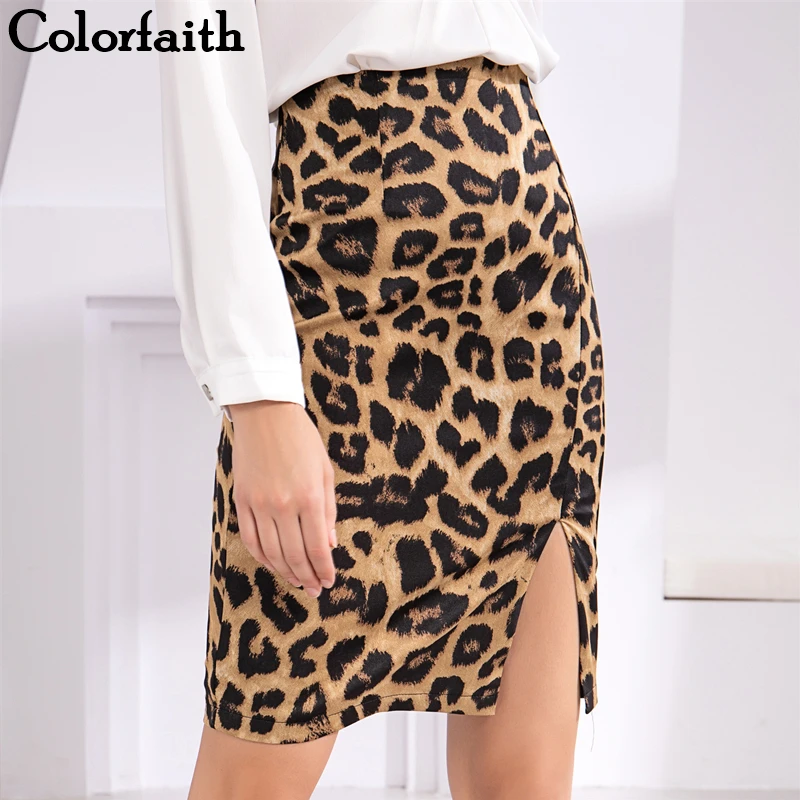 

Colorfaith 2019 Autumn Winter Women Skirt Sexy Leopard Package Hip Empire Straight Knee-Length Fashionable Female Skirts SK8886