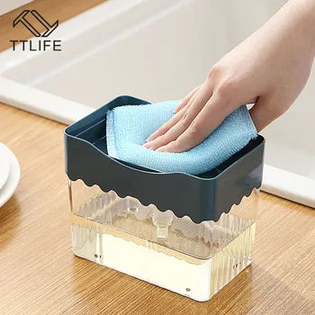 

2-in-1 Sponge Box Kitchen Scrubbing Liquid Detergent Dispenser Press-type Liquid Box Scouring Pad Dishwashing Soap Dispenser