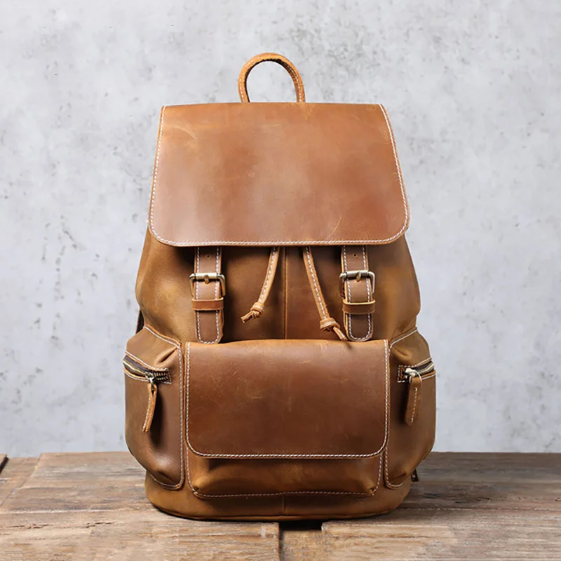 MAHEU Old Fashion Leather Backpack Mens Leather Bagpack Brown Leather Travel Bag Of Male Vintage ...