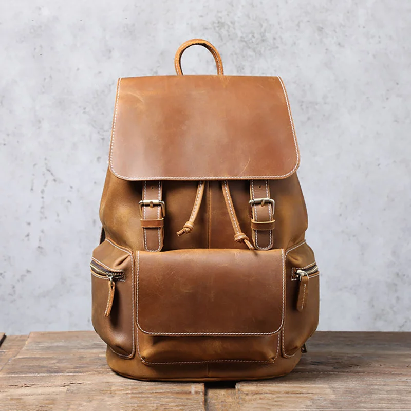 MAHEU Old Fashion Leather Backpack Mens Leather Bagpack Brown Leather