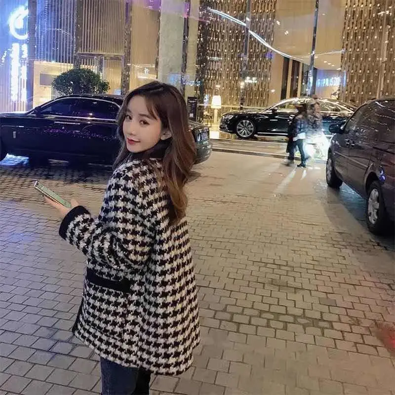 

Graceful Houndstooth Coat Women's Autumn and Winter New Korean-Style V-neck Plaid