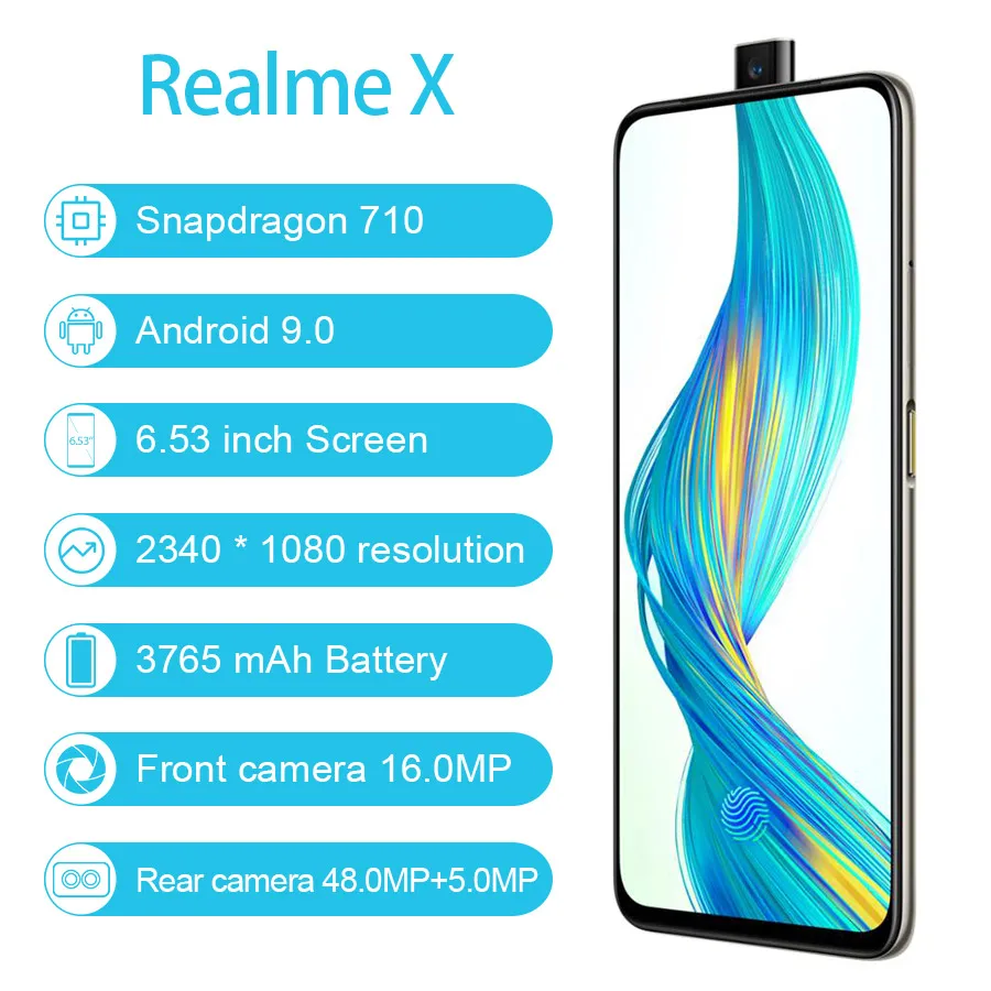 CN версия Realme X 4G LTE Snapdragon 710 Android 9 0 6 53 &quot2340X1080 8 ГБ/128 ГБ МП отпечаток пальца