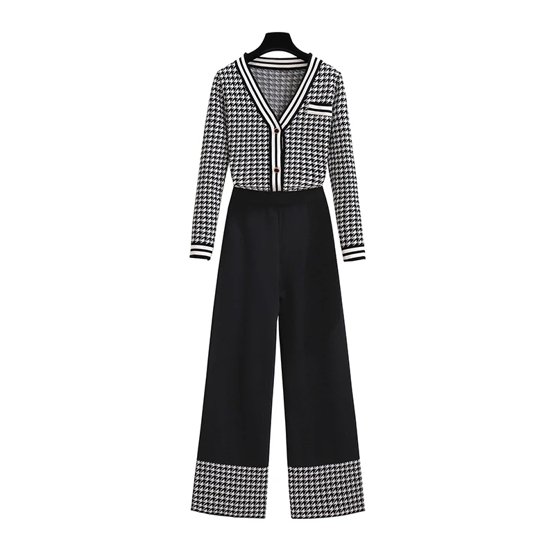 

Autumn Sweet Quality Plover Case Color Matching Grid Knitting Cardigan V Neck Top Straight Wide-Legged Pants Knitted Suit Lady