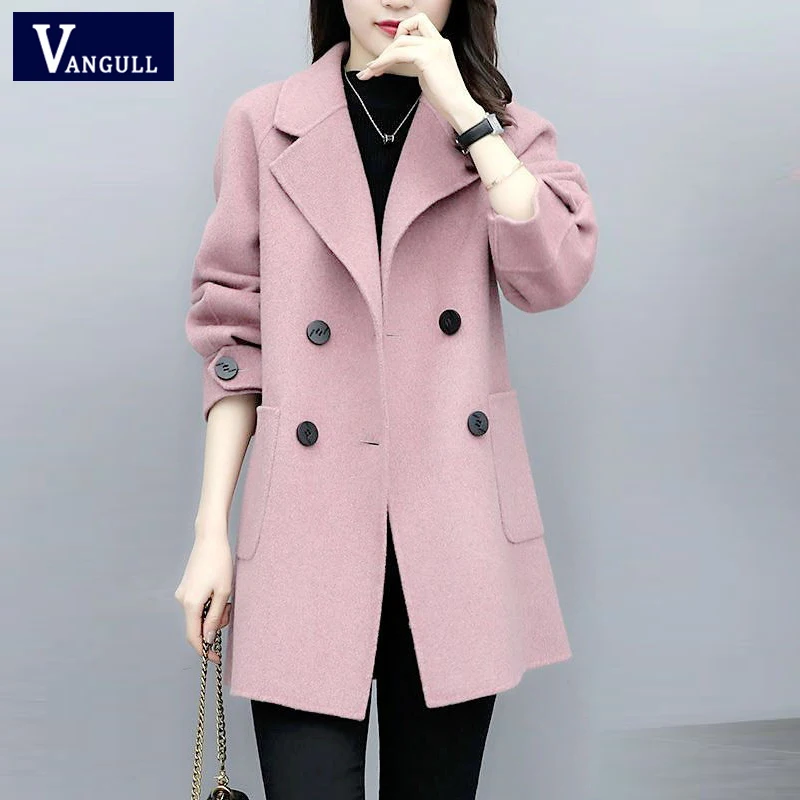 Vangull Women Wool Coat Winter Fall Single Breasted Long Coats Solid Turn-down Collar Loose Korean Female Jackets Outerewar | Женская