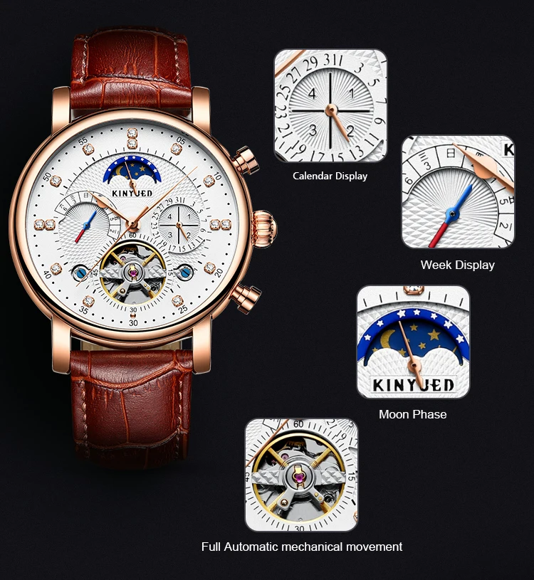 KINYUED Moon Phase Топ бренд для мужчин s механические часы автоматические Турбийон Скелет часы для мужчин календарь Relogio Masculino Прямая поставка
