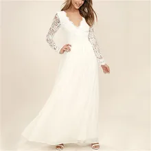 Vestido De manga larga De invierno para Mujer De encaje con cuello en V leeve Chiffon Maxi Vestidos De fiesta mujeres elegantes Vestidos De noche Mujer(China)