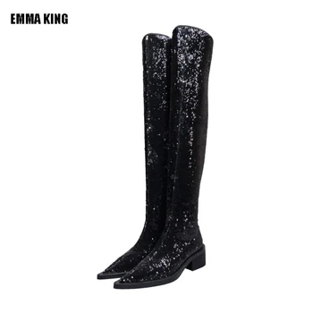 

Women Fashion Winter Over the Knee Boots Lady Square High Heel Boots Black BlingBling Flake Long Boots Pointed Toe Shoes Women