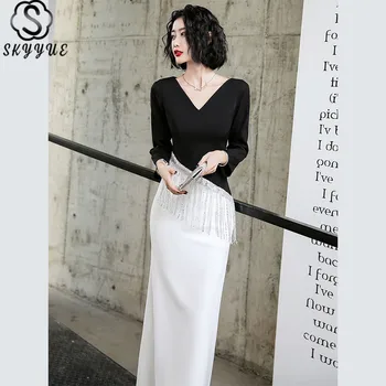 

Skyyue Evening Dresses Long Sleeve Tassel V-Neck Contrast Color Robe De Soiree K042 Patchwork Mermaid Eveing Gowns