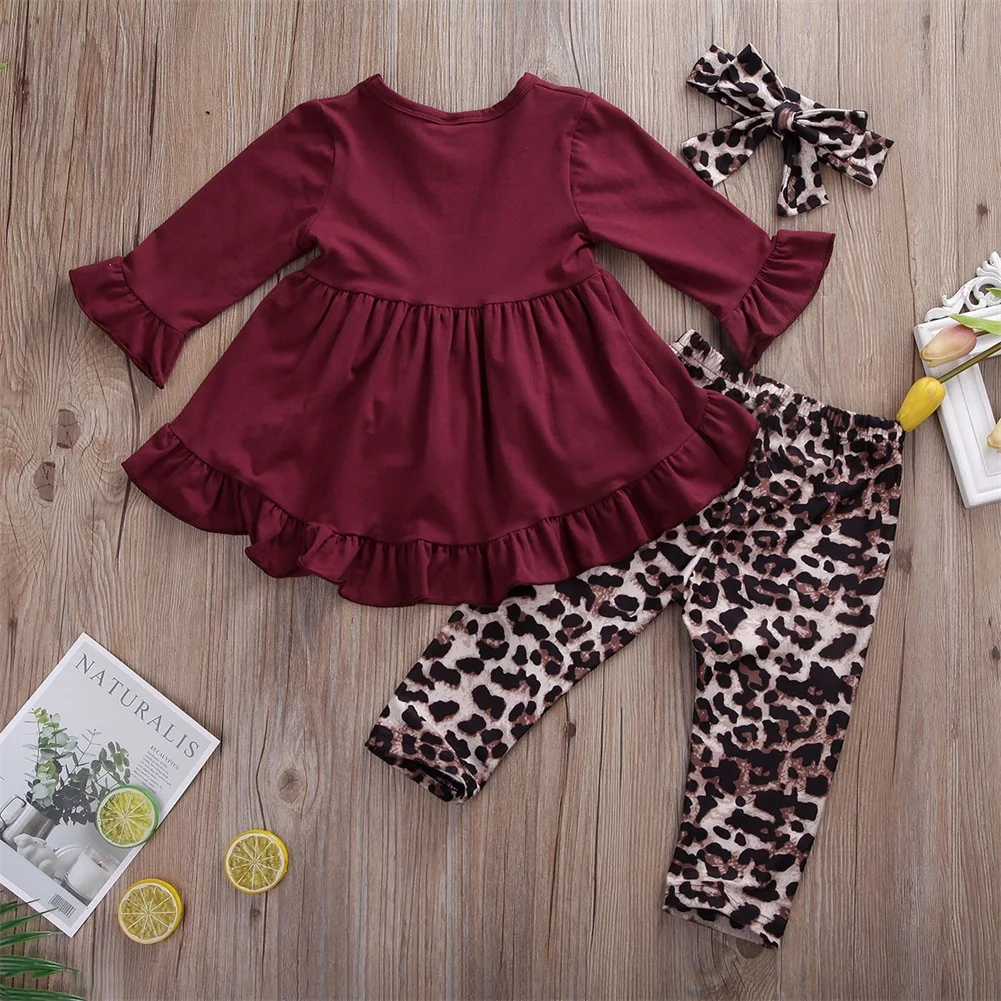 Рождественские комплекты одежды для маленьких девочек, платье с оборками и длинными рукавами, леопардовые штаны, повязка на голову, От 1 до 6 лет