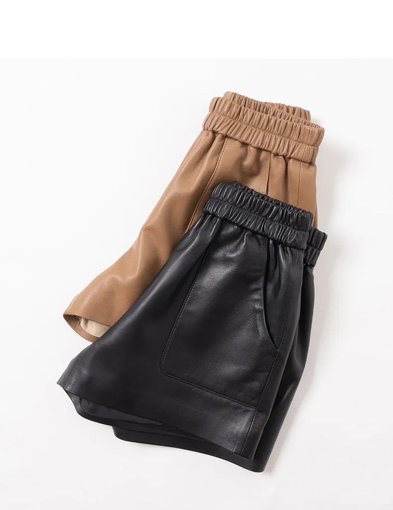 2021 Spring Women's High quality genuine leather Elastic waist Shorts C397