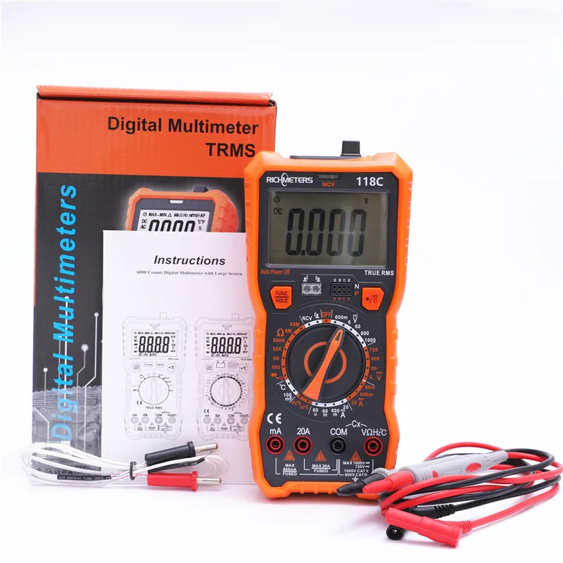 RICHMETERS 118C Digital Multimeter 6000 Counts 20A NCV HFE True-RMS 100mF capacitance Magnet AC/DC Voltage Current Temperature