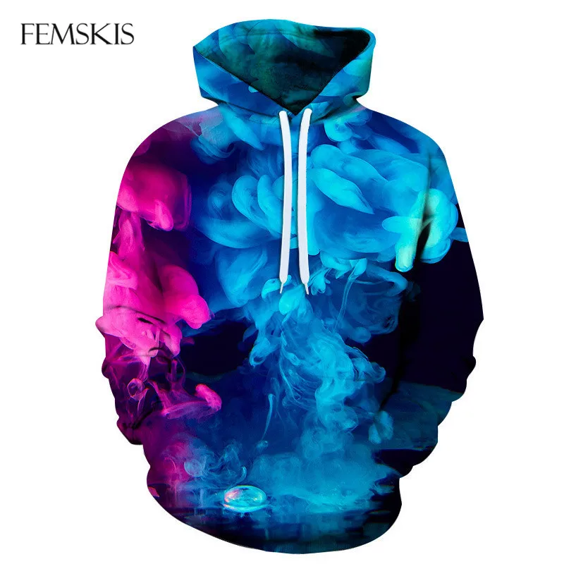 

FEMSKIS Spring Autumn Fashion Hoodies Colorful Smoke Print 3D Hooded Sweatshirt Casual Hoodie Pullovers Men Women Hoodys Pocket