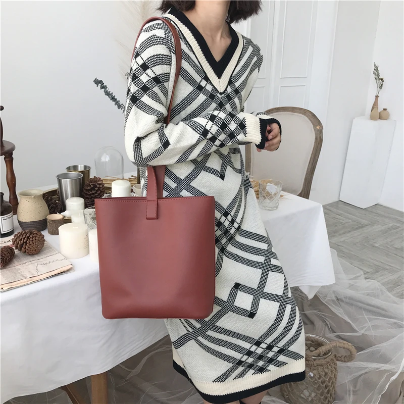 

New Loose Sweater dress Large Size Super Long KneeChecker Dress in Autumn and Winter 2019
