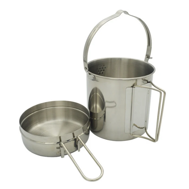

Outdoor Camping Stainless Steel Cookware Hanging Pot Folding Handle Pot Cooking Tableware Set Pot Dinnerware