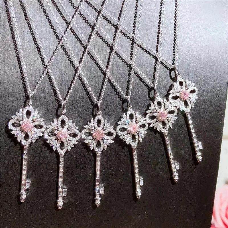White gold 18K золото розовый бриллиант ожерелье и кулон ключ стиль для женщин - Цвет камня: White gold