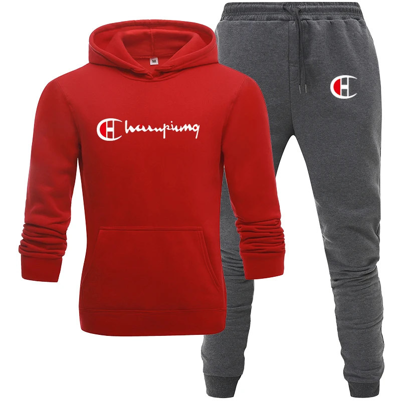 red Dark gray Спортивный костюм, мужской спортивный флисовый плотный брендовый костюм с капюшоном, повседневный спортивный костюм, мужская куртка+ штаны, теплая зимняя толстовка с мехом внутри - Цвет: red Dark gray