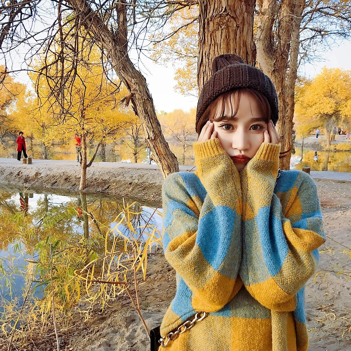 

Women's warm sweater Korean style loose pullover short plaid solid color sweater women's autumn and winter